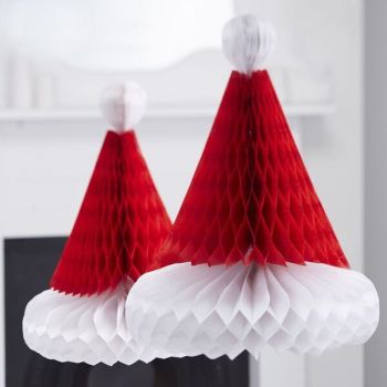 Santa Hat Honeycomb Tissue Paper Decorations - Pack of 2