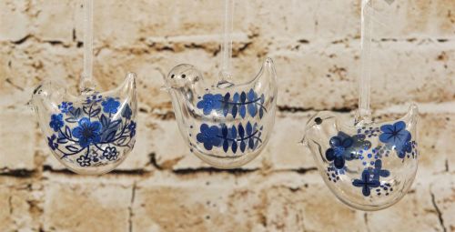 Gisela Graham Glass Hanging Bird Decoration with Blue Flower Decoration