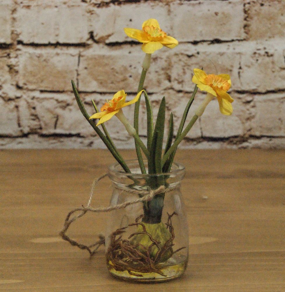 Gisela Graham Artificial Potted Daffodil Bulb in Glass Pot