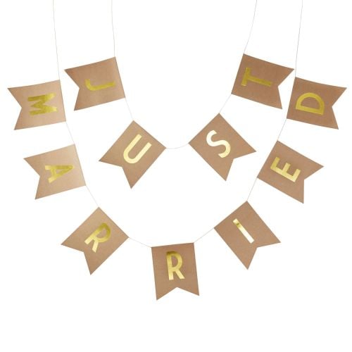 Ginger Ray Kraft Card 'Just Married' Bunting in Gold foil lettering.