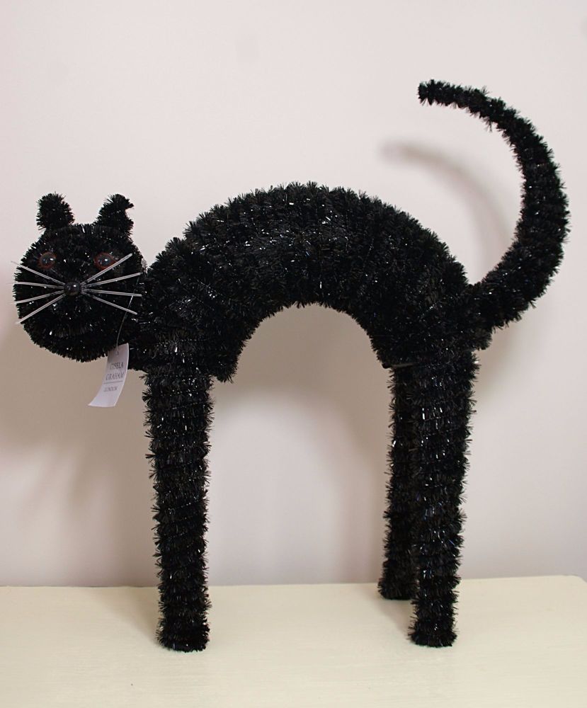 Gisela Graham Black Tinsel Standing Cat Ornament