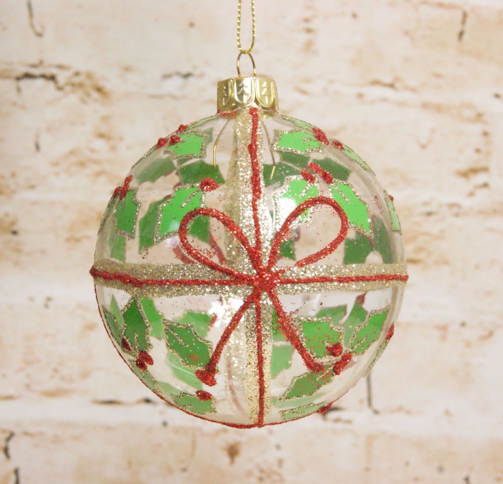 Gisela Graham Clear Glass Bauble with Glitter Holly and Ribbon Bow.