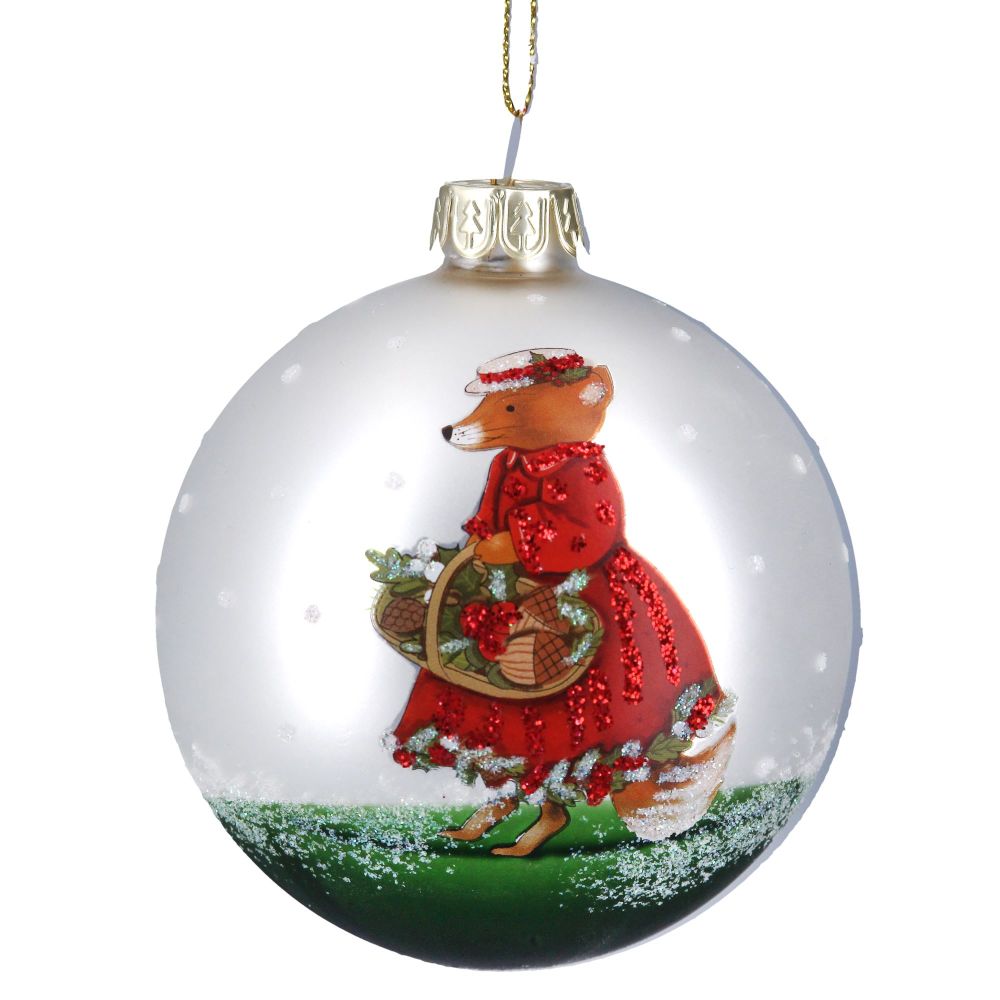 Matte White Bauble with Mr and Mrs Fox