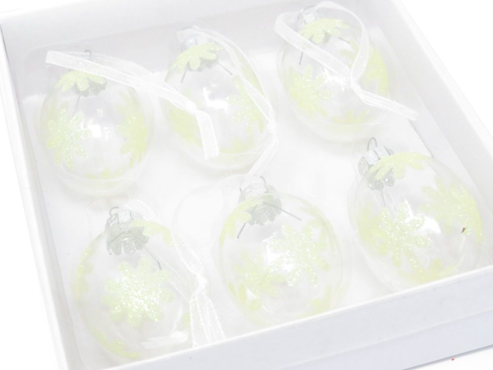 Box of 6 Glass Eggs - Clear with Yellow Detailing
