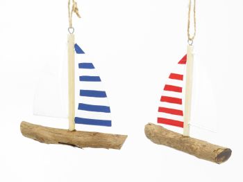 Striped Blue and Red Yachts on Driftwood Hangers - Set of 2