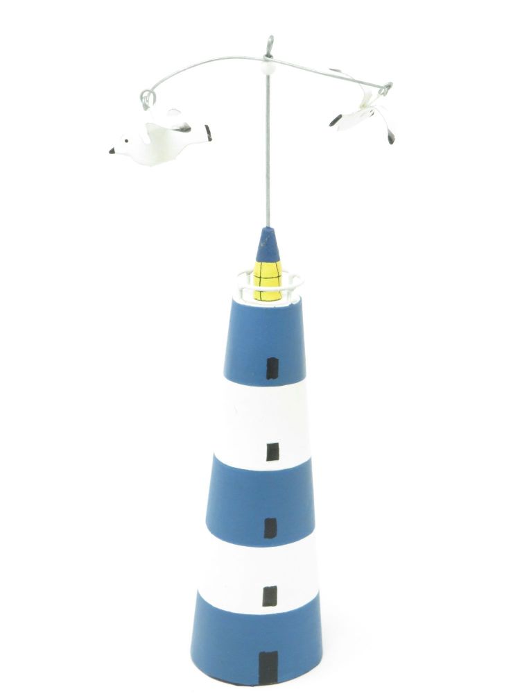 Blue Striped Lighthouse with Seagulls