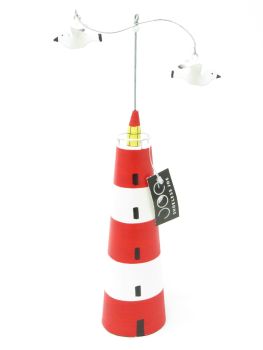 Red Striped Lighthouse with Seagulls