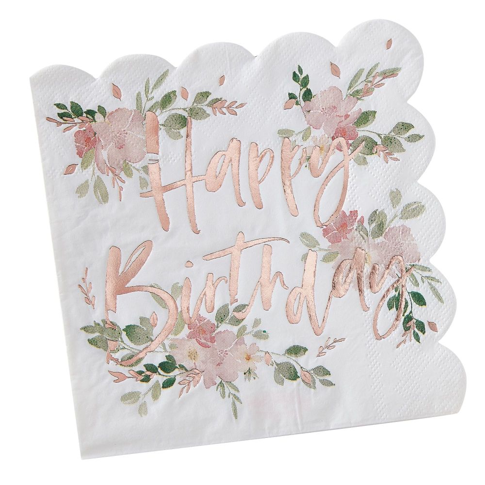 Ginger Ray 'Happy Birthday' Floral Napkin - Pack of 16