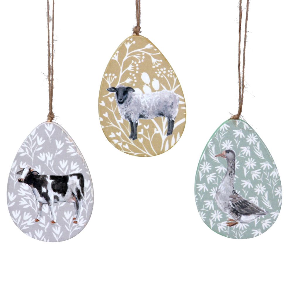 Gisela Graham Wooden Farmyard Egg Shaped Hanging Decorations - Set of 3