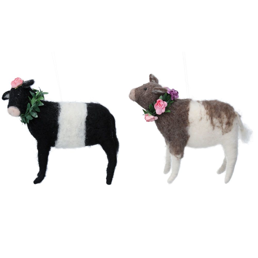 Gisela Graham Woollen Cow with Flowers Ornament - 2 Assorted