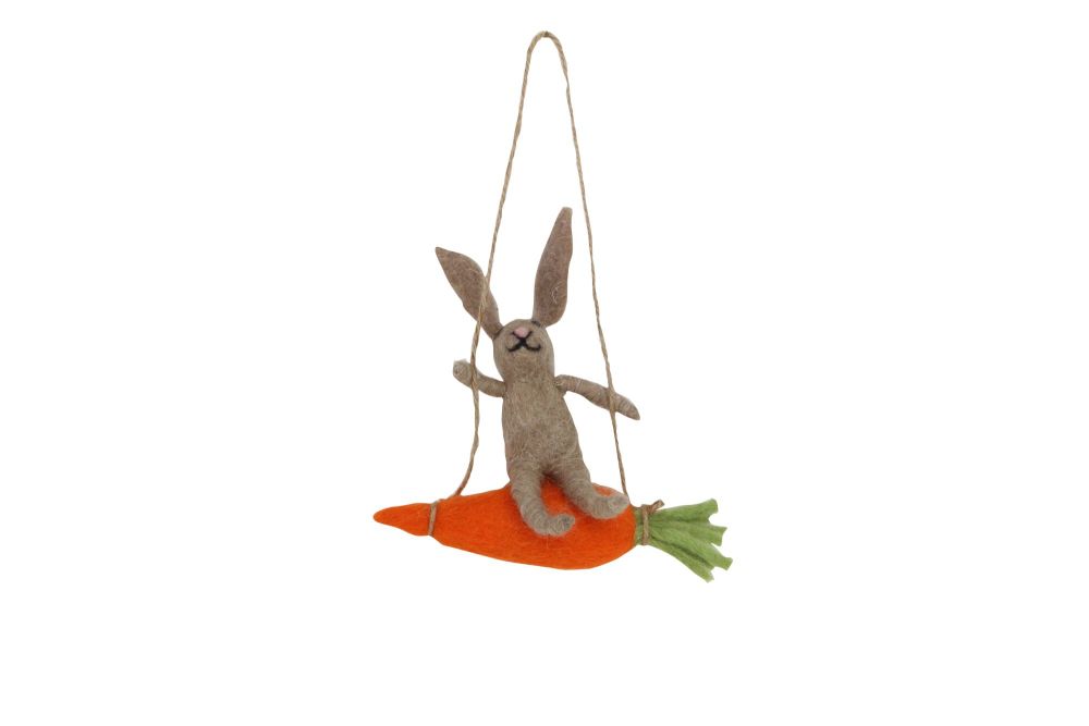Gisela Graham Woollen Brown Bunny on a Carrot Swing