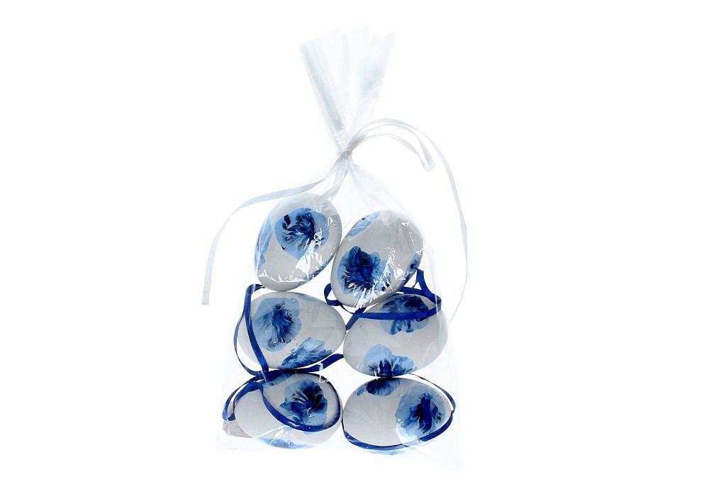 Gisela Graham Bag of 6 Blue and White Painted Pansy Egg Decorations.