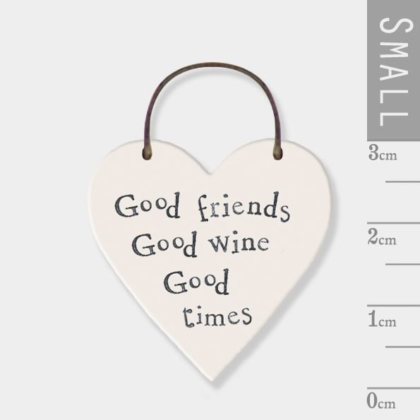 East of India Mini Wooden Heart Tag - Good Friends, Good Wines, Good Times