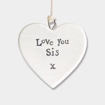 East of India Small Porcelain Heart Hanger - Love You Sis