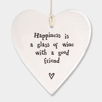 East of India Porcelain Heart Hanging Decoration - Happiness is a Glass of Wine