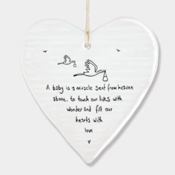 East of India Porcelain Heart Hanging Decoration - A Baby is a Miracle