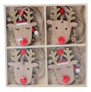 Gisela Graham Wooden Reindeer Head Decorations - Box of 8
