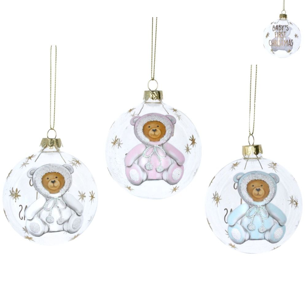 Gisela Graham Baby's First Christmas Clear Bauble with Teddy - 3 Assorted