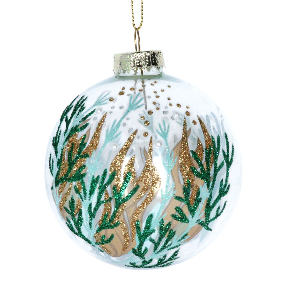 Gisela Graham Clear Glass Bauble with Seaweed Design