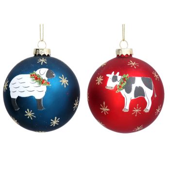 Gisela Graham Matte Glass Bauble with Farmyard Animals - 2 Assorted