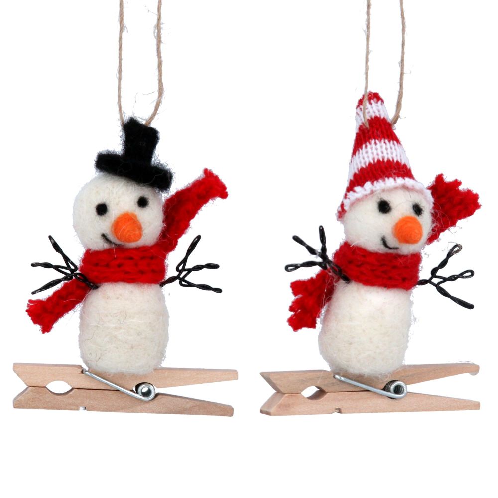Gisela Graham Wool Snowmen Peg Decorations - Set of Two