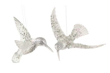 Gisela Graham Silver Glitter Hummingbird Decorations - Set of 2