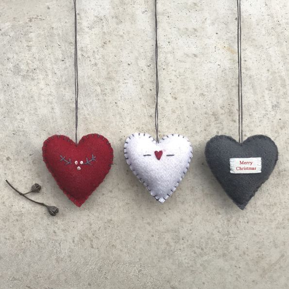 East of India Felt Stitch Heart Decorations - Small