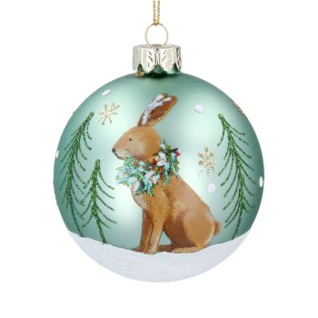 Gisela Graham Matte Green Bauble with Hare Design