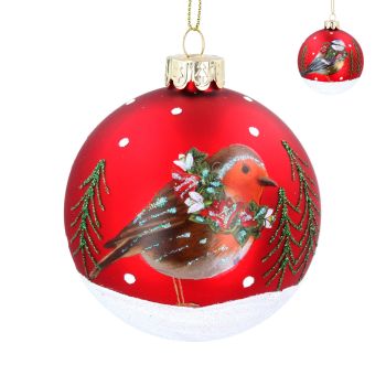 Gisela Graham Matte Red Bauble with Robin and Blue Tit