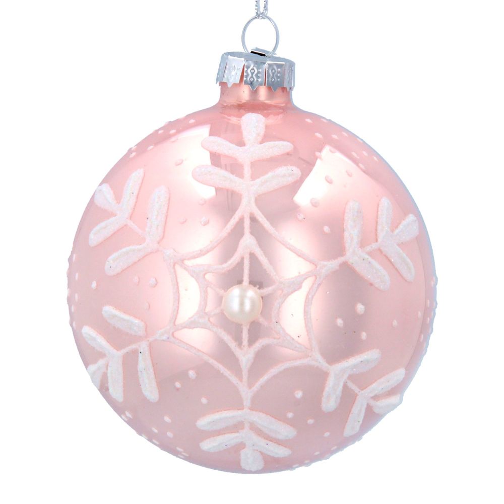 Gisela Graham Matte Pink Bauble with Iridescent and Pearl Snowflakes
