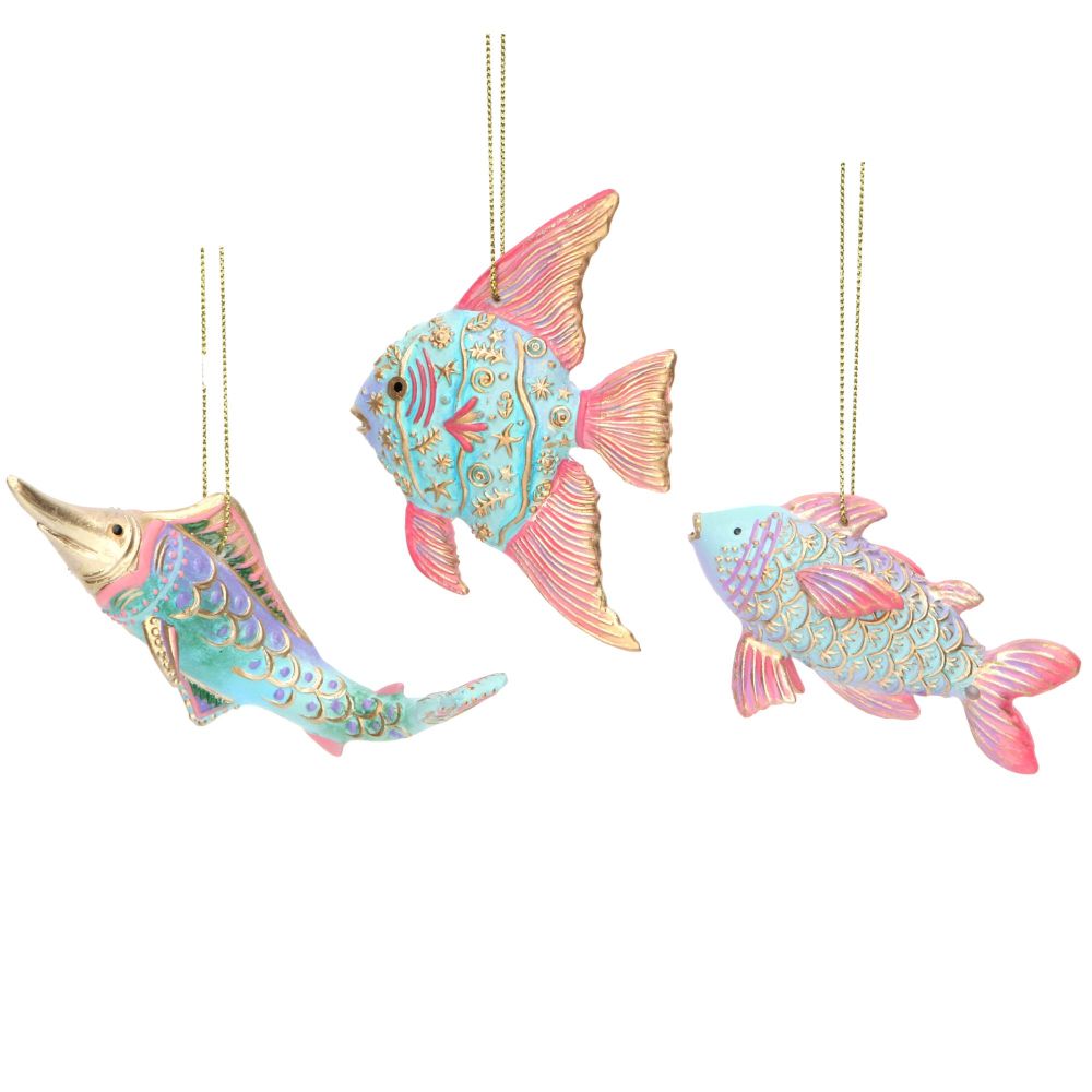 Gisela Graham Pastel and Gold Fish Decorations - Set of  3