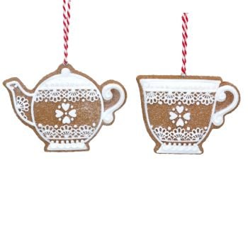 Gisela Graham Lace Gingerbread Teapot and Teacup Decoration - Set of 2