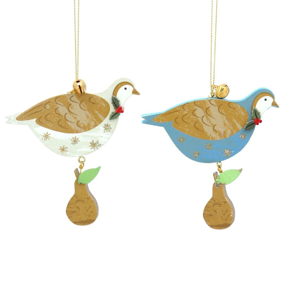 Gisela Graham Wood Partridge with Pear Tree Decoration - 2 Assorted