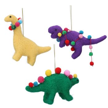 Gisela Graham Felt Pom Pom Dinosaur Decoration - 3 Assorted