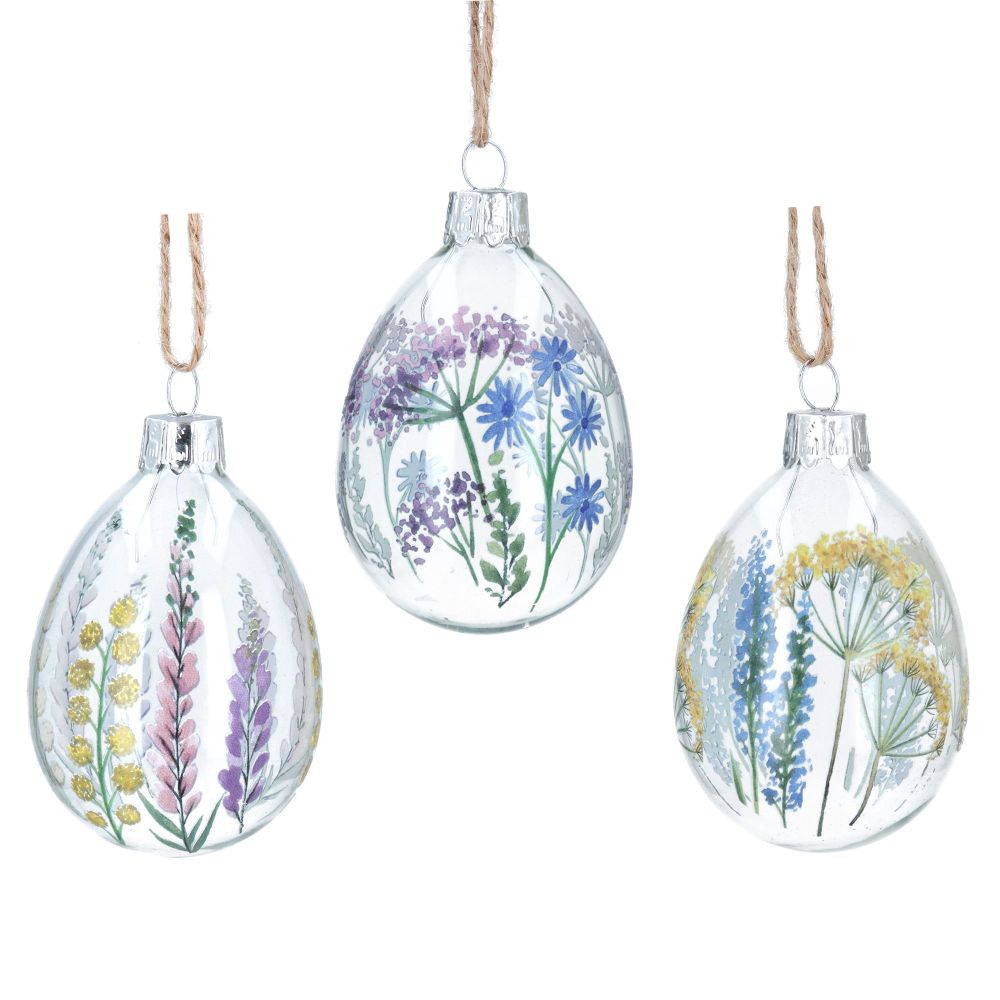 Gisela Graham Wildflower Glass Egg Decorations - Set of 3