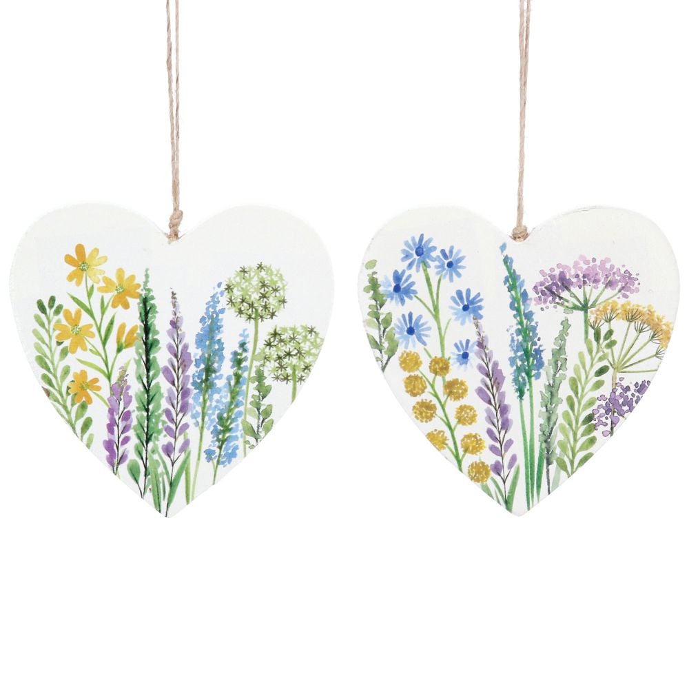 Gisela Graham Wildflower Wooden Heart Decorations - Set of 2