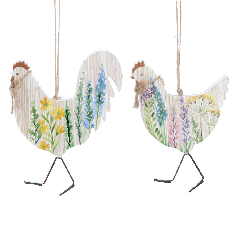 Gisela Graham Wildflower Meadow Wooden Chicken Decorations - Set of 2