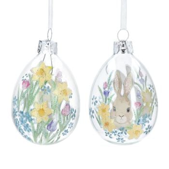 Gisela Graham Bunny and Daffodils Glass Egg Decorations - Set of 2