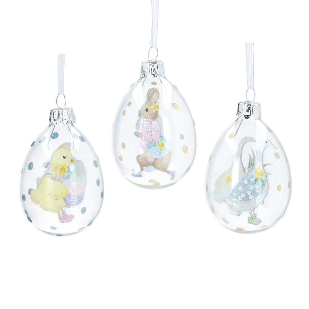 Gisela Graham Pastel Bunny, Chick and Goose Glass Egg Decorations - Set of 