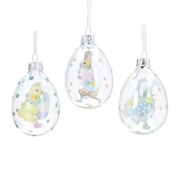 Gisela Graham Pastel Bunny, Chick and Goose Glass Egg Decorations - Set of 3