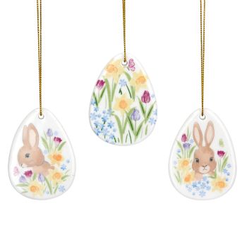 Gisela Graham Flat Ceramic Egg Bunny Decorations - Set of 3