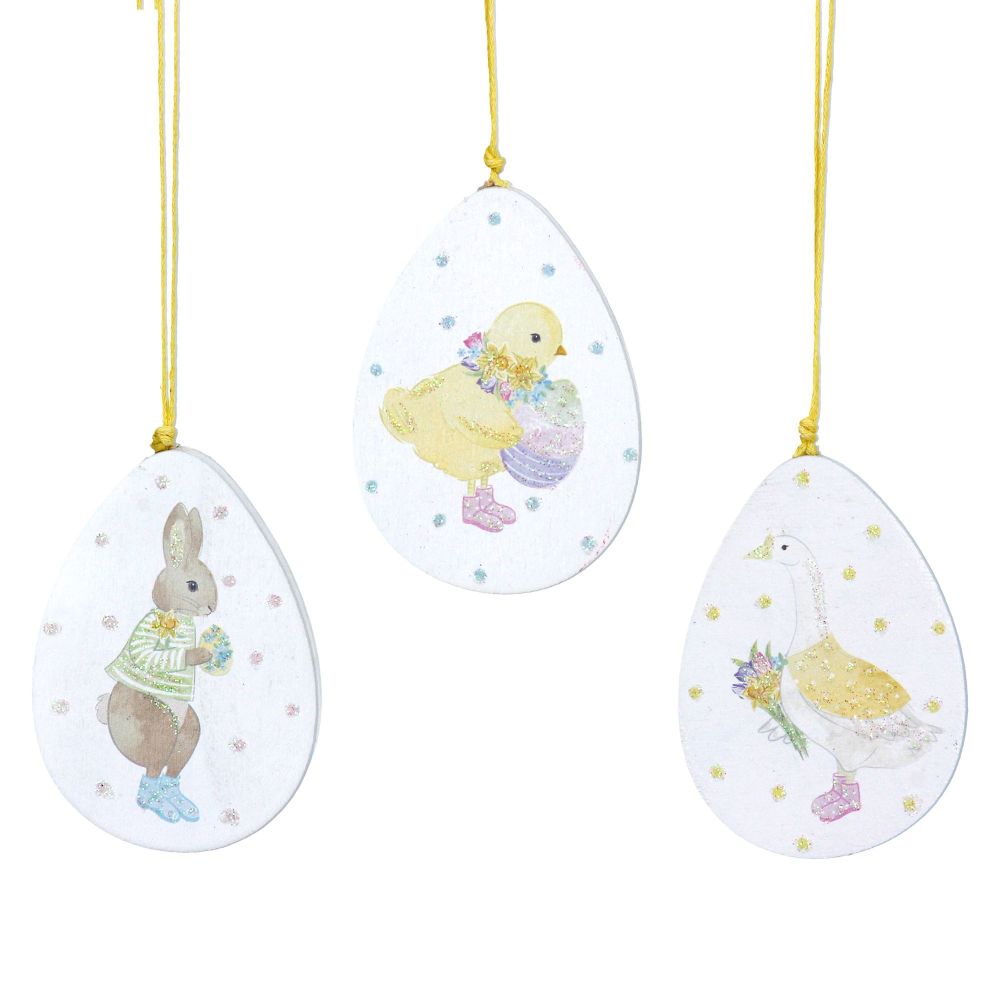 Gisela Graham Bunny, Chick and Goose Wooden Egg Decorations - Set of 3