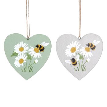 Gisela Graham Wooden Bee and Daisy Heart Decorations - Set of 2