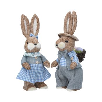 Gisela Graham Straw Bunny in Blue Outfit Ornament - 2 Assorted