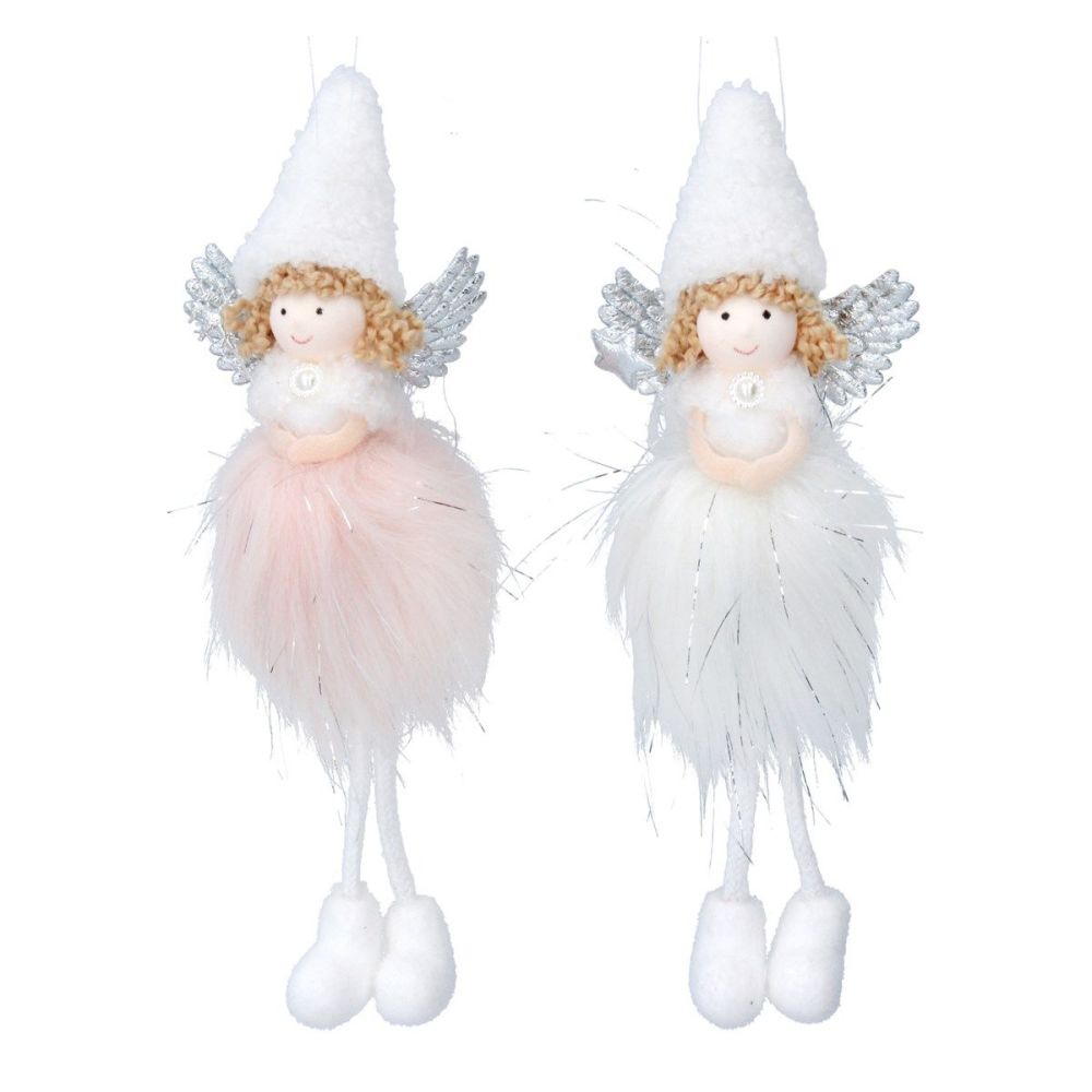 Gisela Graham Pink and White Faux Fur Pom Pom Fairy - Set of 2