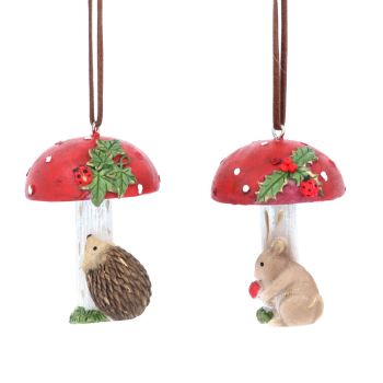 Gisela Graham Set of 2 Hedgehog and Mouse Toadstool Decorations