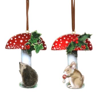 Gisela Graham Set of 2 Wooden Hedgehog and Mouse Toadstool Decoration