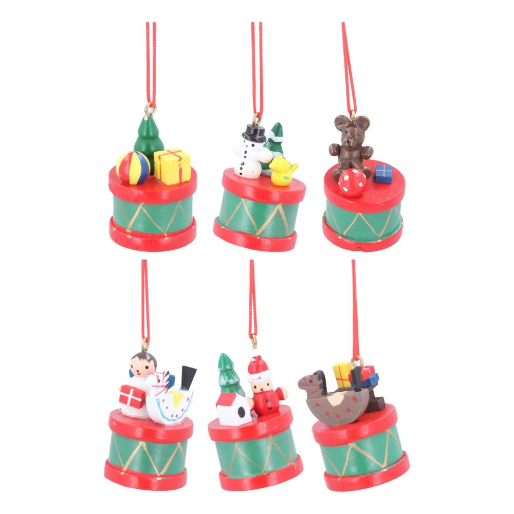 Gisela Graham Set of 6 Wooden Drum and Toys Decorations