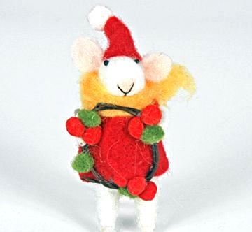 Felt Mouse with Yellow Scarf and Wreath