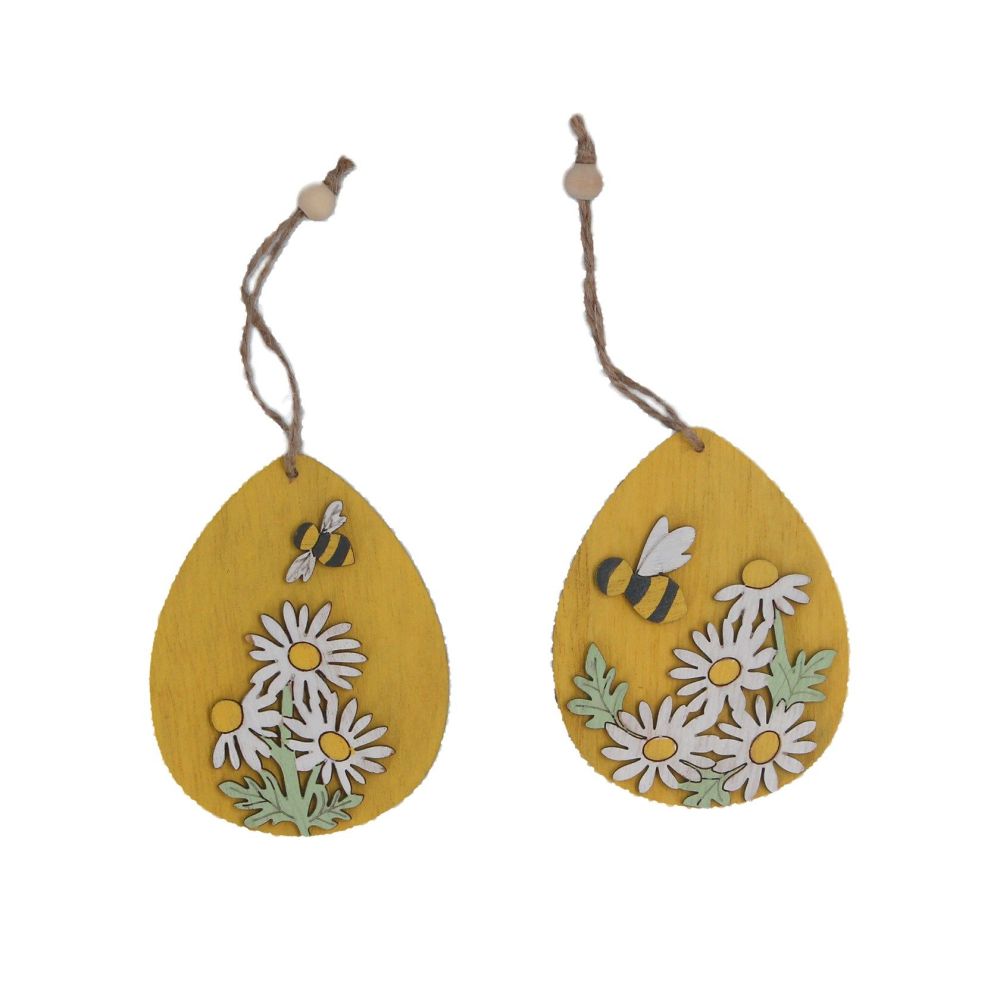 Gisela Graham Wooden Bee and Daisy Egg Decorations - Set of 2